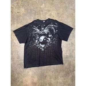 Vintage Dragon Tiger Yin Yang Skull Graphic T Shirt Mens 2XL Black Tattoo Tee